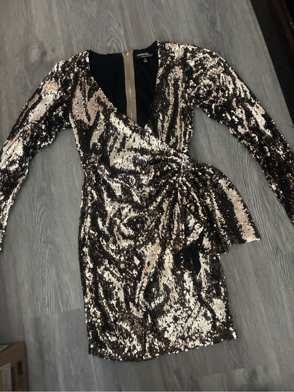 Hera Collection Black and Gold Sequin Wrap Mini Dress
